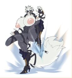 anthro areola big_areola big_bulge big_muscles big_pecs bulge canid canine canis clothed clothing fur genitals hair harness huge_bulge huge_muscles huge_pecs hyper hyper_muscles hyper_pecs lunion19 male mammal mihoyo muscular muscular_male nipples on_one_leg pecs puffy_nipples red_eyes robotic_legs solo standing tail tight_clothing von_lycaon white_body white_fur wolf zenless_zone_zero