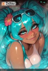 ai_generated aqua_eyes aqua_hair artist_name blush breasts dark-skinned_female dark_skin deviantart_username dollmaker dollmaker_(artist) eyewear_on_head female flower goggles goggles_on_head hair_flower hair_ornament hatsune_miku long_hair nude partially_submerged patreon_logo patreon_username ripples smile solo sunglasses tagme water watermark web_address wet