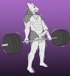 anthro balls body_hair exercise fan_character foreskin generation_2_pokemon genitals hairy_balls hi_res male muscular neck_tuft nintendo penis pokemon pokemon_(species) purple_eyes scar shaking solo tuft twotusk typhlosion uncircumcised weightlifting workout
