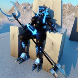 1futa 2023 3d big_breasts bionicle black_body blue_eyes blue_penis canine_penis futa_only futanari holding_object holding_weapon large_breasts lego massive_breasts muscular muscular_futa nipples nude outside penis roodaka seat seated sitting sitting_on_throne solo throne weapon zebjo