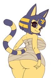 1girl 1girls 4_fingers :3 alternate_breast_size animal_crossing animal_ear animal_ears ankha anthro ass ass_grab back bandages bangs bare_shoulders big_ass big_breasts big_ears big_eyes black_eyes blonde_hair blue_fur blue_hair blunt_bangs bob_cut breasts cat_ears cat_girl cat_humanoid cat_tail chubby cleavage closed_mouth clothed clothes colored_skin cowboy_shot cute dat_ass dress egyptian egyptian_clothes elbows eye_contact eyelashes eyeshadow female female_only flat_colors from_behind furry furry_female gauntlets grabbing_own_ass grey_dress hair_ornament huge_ass huge_breasts large_breasts looking_at_viewer looking_back low-angle_view makeup medium_hair monster_girl mummy_costume mummy_wrappings neoteny nintendo nitro pose presenting_hindquarters rear_view revealing_clothes short_dress short_hair sideboob simple_background smile snake_hair_ornament solo standing striped_tail stripes tail thick_thighs thighs white_background wide_hips wrappings wraps yellow_fur yellow_skin