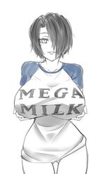 big_breasts black_hair dark_hair female hair_over_one_eye holding_breast holding_breasts huge_breasts looking_at_viewer mega_milk saya_(twrlare) shirt short_hair skin_tight solo thin_waist twrlare