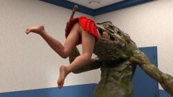 16:9 3d_(artwork) amphibian anthro anthro_pred bottomwear clothing digital_media_(artwork) dragonslave90 duo female female_prey frog hi_res human human_prey mammal monster monster_pred nude open_mouth oral_vore pussy skirt vore widescreen