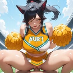 ahri ahri_(league_of_legends) ai_generated black_hair cheerleader cowgirl_position fox_ears league_of_legends sex vaginal_penetration yellow_eyes