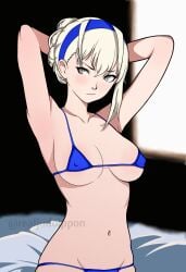 1girls artist_name big_breasts bikini blush bra breasts female female_only hands_behind_head headband judoippon megami_tensei merope merope_(persona) panties persona persona_5 persona_5:_the_phantom_x self_upload solo solo_female white_hair