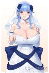 1girls alternate_breast_size alternate_costume artist_name blue_bow blue_flower blue_hair blue_rose blunt_bangs blush bow braid breasts bridal_veil brown_eyes choker cleavage commentary commission cowboy_shot crown_braid detached_sleeves dress female fire_emblem fire_emblem:_three_houses flower gradient_background hair_flower hair_ornament hand_on_own_chest highres huge_breasts impossible_clothes impossible_dress jewelry large_bow looking_at_viewer marianne_von_edmund medium_hair nhaliz official_alternate_hairstyle parted_lips ring rose sidelocks simple_background smile solo standing strapless strapless_dress symbol-only_commentary veil wedding_dress wedding_ring white_choker white_dress white_veil yellow_background