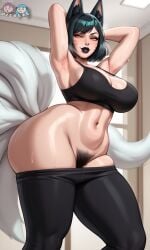 1girls ahri ahri_(league_of_legends) ai ai_generated armpits arms_behind_head arms_up ass big_ass big_breasts black_bra black_hair black_lipstick bra bubble_butt butt curvy curvy_figure dizelxl female female_focus female_only female_pubic_hair hi_res hips kitsune large_breasts league_of_legends league_of_legends:_wild_rift lips lipstick multiple_tails no_panties pants pants_down pubic_hair solo steam sweat sweating sweaty tails thick thick_thighs thighs voluptuous wide_hips yoga_pants