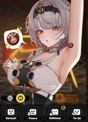 1girls :o absurdres anby_demara anby_demara_(silver_soldier) arm_up armpit_focus armpits black_hairband breasts cleavage commentary english_commentary female grey_hair hairband highres large_breasts presenting_armpit short_hair soldier_0_anby_(zenless_zone_zero) solo spoken_object sweat taboo_(selfmadeappler) yellow_eyes zenless_zone_zero
