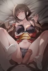 1boy absurdres bare_shoulders black_bra black_panties bra breasts brown_hair censored closed_eyes commission feet female highres indoors japanese_clothes kimono large_breasts mosaic_censoring navel no_shoes open_clothes open_kimono original panties penis rape sakuma_shiki skeb_commission sleep_molestation socks soles solo_focus spread_legs tabi underwear white_socks
