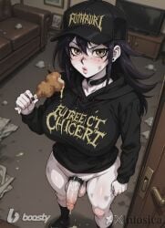 1futa ai_generated artist_name baseball_cap black_choker black_collar black_footwear black_hair black_headwear black_hoodie black_nails black_socks blurry blurry_background blush bottomless breasts brown_eyes choker clenched_hand closed_mouth clothes_writing collar collarbone colored_skin couch cum dirty dirty_clothes door doorway drawstring ear_piercing earrings english_text erection female female_pubic_hair food foreskin freckles fried_chicken futanari hair_between_eyes hat holding holding_food hood hood_down hoodie indoors intosica jewelry large_breasts large_penis lips long_hair long_sleeves looking_at_viewer meat messy messy_room mole mole_under_eye on_couch open_door original_character pale_skin penis piercing pubic_hair shoes socks solo spill stain standing stray_pubic_hair television testicles uncensored used_tissue veins veiny_penis watermark white_skin yu-gi-oh!