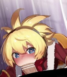 1boy absurdres animated bar_censor blonde_hair blue_eyes blush censored cum_in_mouth cum_on_tongue fellatio female fur-trimmed_jacket fur_trim heart heart-shaped_pupils highres jacket looking_at_viewer male megido72 mizumizuni oral penis red_jacket red_scarf scarf shax_(megido72) straight sweat symbol-shaped_pupils tongue tongue_out