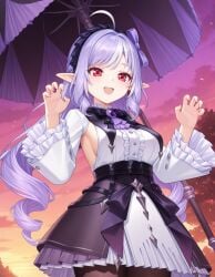 :d ahoge ai_generated bangs black_pantyhose black_skirt bow breasts center_frills claw_pose cowboy_shot female frills hairband hands_up holding_umbrella kuroyaex long_hair long_sleeves looking_at_viewer medium_breasts open_mouth outdoors pantyhose pointy_ears purple_bow purple_hair red_eyes shirt sideboob skirt smile solo umbrella very_long_hair vivian_banshee white_shirt wide_sleeves zenless_zone_zero