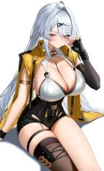 absurdres ahoge armlet asymmetrical_gloves black_gloves black_shorts black_thighhighs breasts cleavage closed_mouth collar commentary elbow_gloves female fingerless_gloves gloves grey_hair high-waist_shorts highres hirahiragi_(h1rqg1) huge_breasts jacket jewelry long_hair looking_at_viewer mole mole_on_breast open_clothes open_jacket shirt shorts single_elbow_glove single_hair_intake single_thighhigh skindentation solo thighhighs thighs uneven_gloves very_long_hair white_background white_collar white_shirt yellow_eyes yellow_jacket yixuan_(zenless_zone_zero) zenless_zone_zero