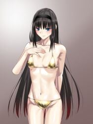 1girls arm_behind_back bikini black_hair blue_eyes blue_notuki blush curvy gold_bikini golden_bikini golden_week golden_week_bikini hairband hand_on_breast melty_blood small_breasts sweat sweatdrop tohno_akiha toned toned_female tsukihime wide_hips