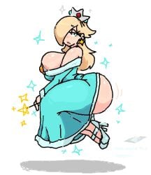big_ass big_breasts big_butt blonde_hair blue_dress blue_eyes boob_squish butt_squish crown floating high_heels ineffective_clothing mario_(series) milkscrew ms_paint princess_rosalina swiiiiitch thick_thighs twitter wand