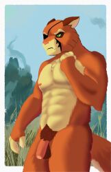 anthro casual_exposure casual_nudity domestic_cat felid feline felis fur genitals hi_res humanoid_genitalia humanoid_penis kalembi lackadaisy male mammal orange_body orange_fur penis solo viktor_vasko
