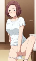 2020s 2025 2025s ai_generated brown_hair danjo_no_yuujou_wa_seiritsu_suru? female natsume_sakura open_mouth panties panties_down panty_pull sakura_natsume short_hair solo solo_female underwear