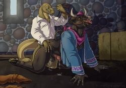 anthro anthro_on_anthro balls barn bitterstrawberries bodily_fluids bottomless bovid bovine bucket clothed clothing container cum genital_fluids genitals hay hay_bale hi_res inside lewis_wilmot_(dracenmarx) lizard male male/male male_penetrated male_penetrating male_penetrating_male mammal penetration penis precum reins reptile scalie sex shirt shirt_only tongue tongue_out topwear topwear_only