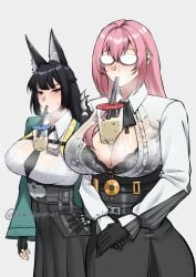 2girls absurdres animal_ear_fluff animal_ears artist_name bad_id bad_twitter_id black-framed_eyewear black_bra black_gloves black_hair black_necktie black_ribbon black_skirt blush bra breasts bubble_tea commentary drinking drinking_straw fingerless_gloves fox_ears glasses gloves high-waist_skirt highres hoshimi_miyabi large_breasts long_hair long_sleeves multiple_girls neck_ribbon necktie obosounds own_hands_together pink_hair red_eyes ribbon skirt sweat tsukishiro_yanagi twitter_username underwear white_background zenless_zone_zero