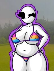 :3 arms_at_sides bald bald_female belly belly_button bikini bikini_bottom bikini_top black_eyes breasts chetoh chubby chubby_female claire_(chetoh) cleavage egg female female_focus female_only forest hands_on_hips multicolored_bikini oc original original_character photo_background smile smiling smiling_at_viewer white_body wink winking_at_viewer