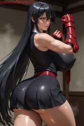 ai_generated akame_(akame_ga_kill!) akame_ga_kill! black_hair black_skirt fighting_stance huge_breasts necktie red_eyes red_gauntlets red_tie