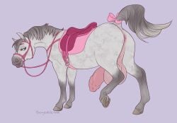 absurd_res accessory anus big_penis bow_ribbon bridle chewycuticle equid equine feral feral_only flaccid foreskin fur furgonomics genitals green_eyes grey_body grey_fur gynomorph hi_res hooves horse humanoid_genitalia humanoid_penis intersex mammal multicolored_body multicolored_fur penis raised_hoof raised_tail ribbons saddle solo tail tail_accessory tail_bow tail_ribbon two_tone_body two_tone_fur
