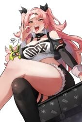 1girl absurdres amillion_(zenless_zone_zero) bangboo_(zenless_zone_zero) barefoot black_ribbon black_shorts breasts cleavage crop_top crossed_legs earrings fellatio_gesture fur_trim green_eyes hair_ornament heart heart_earrings highres jewelry large_breasts long_hair looking_at_viewer micro_shorts mole mole_on_breast mole_under_eye nicole_demara open_mouth oral_invitation pink_hair ribbon sanfu_(sanfu9800) shorts single_thighhigh sitting smile thighhighs thighs tongue tongue_out zenless_zone_zero