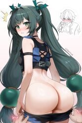 1boy 1girls absurdres arm_strap ass black_sports_bra blush breasts clothes_pull commission female from_behind green_eyes green_hair hair_ornament hand_blush highres long_hair looking_at_viewer looking_back pixiv_commission pov pov_hands qingyi_(zenless_zone_zero) shorts shorts_pull small_breasts soba11 sports_bra twintails very_long_hair wise_(zenless_zone_zero) zenless_zone_zero