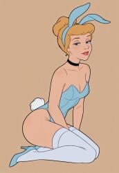 1girl ai_generated bare_shoulders bare_thighs bedroom_eyes blonde_hair blue_eyes blue_leotard breasts bun bunny_ears bunny_tail choker cinderella cinderella_(1950_film) cinderella_(disney) cleavage collarbone disney disney_princess eyelashes eyeliner female full_body hairband hairbun half-closed_eyes hand_between_legs high_heels highleg_leotard kneeling legs leotard light_smile lips looking_at_viewer parted_lips playboy_bunny princess red_lipstick sandlecrantz_(ai_generator) simple_background sitting smile strapless_leotard thighhighs thighs