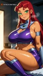 ai_generated armlet bare_shoulders blurry blurry_background blush boots bracer breasts cleavage cleavage_cutout clothing_cutout colored_sclera colored_skin crop_top curvy dc dc_comics female gorget green_eyes green_sclera heavy_breathing indoors knee_boots large_breasts lips long_hair looking_at_viewer meitabuu midriff miniskirt navel on_bed orange_skin parted_lips patreon_logo patreon_username purple_footwear purple_skirt red_hair shiny_skin sideboob sitting skirt smile solo starfire steaming_body sweat teen_titans thick_thighs thighs vambraces