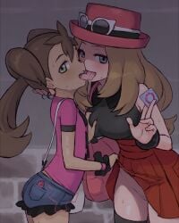 10s 2girls black_shirt black_thighhighs blonde_hair blue_eyes blush breasts brown_hair chiwino clothes_lift come_hither condom condom_wrapper dark-skinned_female dark_skin denim denim_shorts discreet_vibrator eyewear_on_head female_focus female_pubic_hair flat_chest french_kiss frilled_shorts frills game_freak grabbing_another's_breast green_eyes groping hat holding holding_condom kissing large_breasts lifting_another's_clothes long_hair looking_at_viewer multiple_girls naughty_face nintendo no_panties open_mouth pink_shirt pleated_skirt pokemon pokemon_xy presenting prostitution pubic_hair pussy quad_tails red_skirt remote_control_vibrator saliva serena_(pokemon) sex_toy shauna_(pokemon) shirt short_shorts shorts skirt skirt_lift sleeveless sleeveless_shirt smile sunglasses sunglasses_on_head sweat teeth thighhighs tongue tongue_out twintails upper_teeth_only upskirt vibrator vibrator_cord vibrator_under_clothes young yuri