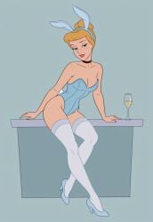 1girl ai_generated arm_support bar bare_shoulders bare_thighs bedroom_eyes blonde_hair blue_eyes blue_leotard blush breasts bun bunny_ears bunny_tail choker cinderella cinderella_(1950_film) cinderella_(disney) cleavage cocktail collarbone crossed_legs disney disney_princess eyelashes female full_body glass groin hairband hairbun half-closed_eyes high_heels highleg_leotard leaning legs leotard light_smile lips looking_to_the_side nail_polish narrow_waist parted_lips playboy_bunny princess sandlecrantz_(ai_generator) simple_background sitting smile strapless_leotard thighhighs thighs