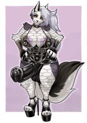 animal_genitalia animal_penis anthro asakitty balls big_balls big_breasts big_nipples big_penis breasts canid canid_demon canine clothing demon equine_genitalia equine_penis fishnet_clothing footwear fur genitals gynomorph hair hands_on_hips hellhound helluva_boss hi_res high_heels intersex latex long_hair loona_(helluva_boss) mammal mythological_canine mythological_creature mythology nipples penis pink_nipples shoes smile smiling_at_viewer solo