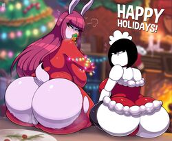 androjuniarto anthro ass ass_focus big_ass big_breasts big_butt breasts christmas christmas_tree clothing exotic_colors female holidays huge_ass huge_butt lagomorph leporid looking_back luna_bunn maidbot_(androjuniarto) mammal mob_face panties pussy rabbit robot_girl text thong torn_clothing tree underwear