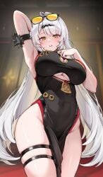 1girls absurdres arm_behind_head arm_up armpits black_dress breasts china_dress chinese_clothes clothing_cutout commentary cosplay cowboy_shot dress eyewear_on_head female foxyreine grey_hair groin hair_ornament hand_up highres large_breasts light_blush long_hair looking_at_viewer no_panties parted_lips pelvic_curtain signature solo sunglasses sweat sweaty_armpits sweety_(zenless_zone_zero) sweety_(zenless_zone_zero)_(cosplay) tinted_eyewear underboob_cutout very_long_hair yellow-tinted_eyewear yellow_eyes yi_xuan_(zenless_zone_zero) yixuan_(zenless_zone_zero) zenless_zone_zero