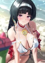 1girls astra_yao bare_shoulders beach bikini black_hair blurry blurry_background blurry_foreground blush breasts cleavage earrings female highres holding holding_water_gun jewelry large_breasts necklace ocean pov red_eyes sand side-tie_bikini_bottom solo_focus swimsuit torjun_111 water_gun white_bikini zenless_zone_zero