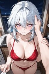 1girls ai_generated curvy cute female galbrena_(wuthering_waves) highres kitchen medium_breasts night pink_eyes pout pouting red_bra red_panties silver_hair solo tagme wuthering_waves