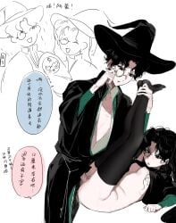 1other adjusting_eyewear amon_(lord_of_the_mysteries) baby black_cloak black_eyes black_hair black_thighhighs breasts chinese_commentary chinese_text cloak closed_eyes commentary_request female genderswap_(mtf) hat highres kikinotamai long_hair lord_of_the_mysteries monocle open_mouth parted_bangs penis pussy rule_63 selfcest sex small_breasts smile speech_bubble straight thighhighs translation_request twintails vaginal_penetration wavy_hair witch_hat