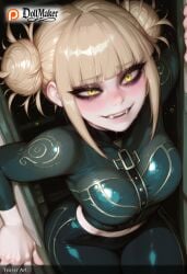 ai_generated bangs blonde_hair blunt_bangs blush breasts dollmaker dollmaker_(artist) double_bun eyebrows_visible_through_hair fangs female looking_at_viewer medium_breasts messy_hair patreon_username smile solo tagme toga_himiko yellow_eyes