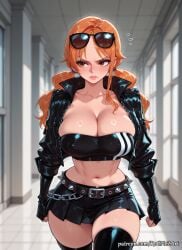 1girl 2026 ai_generated anime belt black_gloves black_jacket black_skirt black_thighhighs blush boobs breasts brown_eyes cleavage collarbone crossover eyewear_on_head female female_focus female_only fingerless_gloves flushed gloves handwear highres huge_breasts indoors inside jacket large_breasts leather leather_jacket long_hair midriff nami_(one_piece) navel nsfw one_piece open_clothes open_jacket orange_eyes orange_hair patreon pigtails pleated_skirt rognezart skirt solo strapless sunglasses sweat sweaty thighhighs twintails very_long_hair