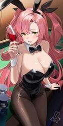 1girls animal_ear_hairband animal_ears awa_(awao141) black_bow black_bowtie black_leotard bow bowtie breasts cup detached_collar drinking_glass fake_animal_ears female green_eyes hairband highres holding holding_cup leotard long_hair mole mole_on_breast mole_under_eye nicole_demara pantyhose pink_hair playboy_bunny poker_chip poker_table rabbit_ear_hairband rabbit_ears solo table two_side_up very_long_hair wine_glass wrist_cuffs zenless_zone_zero