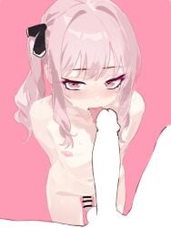 1boy 1other akiyama_mizuki arms_behind_back bar_censor blank_censor blush censored completely_nude erection fellatio flaccid from_above highres licking licking_penis looking_at_viewer male navel nipples nude oral otoko_no_ko penis pink_background pink_eyes pink_hair project_sekai side_ponytail simple_background solo_focus standing sweat tongue tongue_out zhan_jie_wang