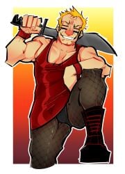 1boy bara barazoku bileshroom bulge bulge_through_clothing bulge_under_clothes buzzo_(lisa) crossdressing crossdressing_male fishnet_clothing fishnet_legwear fishnet_stockings fishnets lisa_the_painful male male_in_dress masculine_crossdresser no_nude pantyhose pinup upskirt