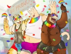 2025 2d 4:3 5_fingers alltoospicy anthro anthro_on_anthro bear biped brown_body brown_fur bulge clothed countershade_face countershade_fur countershading digital_media felid fingers fur furry group hi_res interspecies lgbt_pride lgbt_pride_month male male/male mammal muscular muscular_anthro muscular_male open_mouth open_smile overweight overweight_anthro overweight_male pantherine pecs pride_colors pride_month rainbow_flag rainbow_pride_colors rainbow_pride_flag rainbow_symbol smile striped_body striped_fur stripes tiger tongue tongue_out trio_focus whiskers