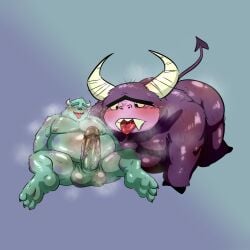 after_oral all_fours anthro balls belly blue_body blue_fur blush bodily_fluids cartoon_network disney duo eduardo_(fhfif) erection foster's_home_for_imaginary_friends fur genitals hi_res horn male male/male markings monster monsters_inc musk musk_clouds nipples oral overweight penis pixar purple_body purple_fur saliva saliva_string samonaa2 size_difference spots spotted_body spotted_fur sulley
