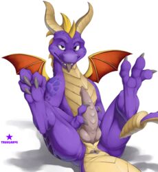 2019 activision animal_genitalia animal_penis anus claws dragon feral genital_slit hand_on_penis hi_res horn knot legs_raised looking_at_viewer male male_only penis presenting purple_body purple_eyes purple_scales purple_skin scales scalie simple_background slit solo spyro spyro_the_dragon teeth tongue tongue_out truegrave9 video_games western_dragon wings