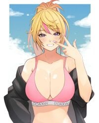 1girls alluring big_breasts blonde_hair cleavage dead_or_alive female konishiki_(52siki) lavender_eyes open_sweater pin_up sports_bra tecmo yukino_(doa)