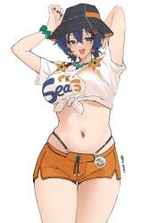 1girls absurdres alternate_costume belle_(zenless_zone_zero) blue_hair bucket_hat dark_blue_hair female fisherman_hat green_eyes hair_ornament hat highres letter_hair_ornament navel official_alternate_costume orange_shorts pinepin see-through see-through_clothing see-through_shirt shirt short_hair shorts simple_background swimwear tied_shirt twintails white_background white_shirt zenless_zone_zero