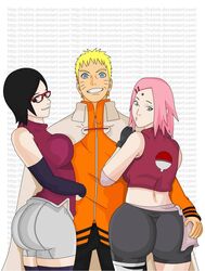 1boy 2girls back black_eyes black_hair blonde_hair blue_eyes boruto:_naruto_next_generations cheating cheating_husband cheating_wife clothed clothed_female clothed_male clothes clothing dat_ass daughter female forehead_jewel fully_clothed glasses green_eyes lrslink male mother mother_and_daughter naruto naruto_shippuden netorare ntr pink_hair sakura_haruno sarada_uchiha seductive short_hair smile symbol uzumaki_naruto