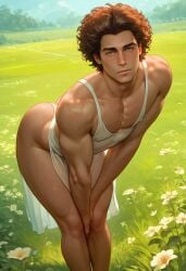 ai_generated ass big_ass big_butt boy brown_hair bubble_ass bubble_butt day dress field flower flowers hands_between_legs hazel_eyes leaning_forward looking_at_viewer male outdoors plump_ass round_ass round_butt see-through see-through_clothing solo sunny tallcallipygian tcallipygian thick_thighs thighs white_flower